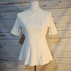 Hugo Boss‎ White Ribbed Knit Top Peplum Hem Short Sleeve Crew Neck